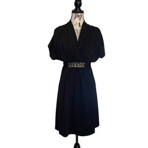 As U Wish Black Dress Shawl Collar Rhinestone Belt Tie Back Women L Empire Waist